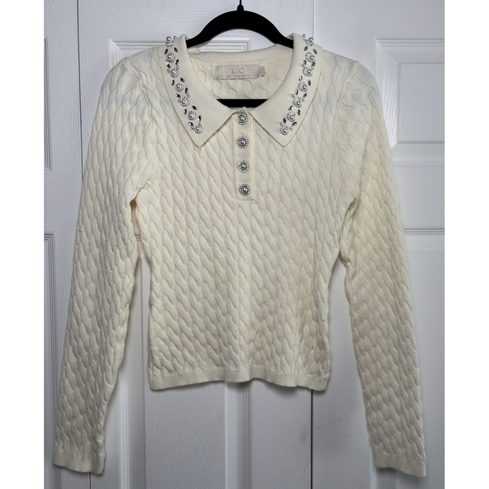 Lizette Collection Pearl Embellished Cable Knit Sweater Womens Size L‎ Ivory